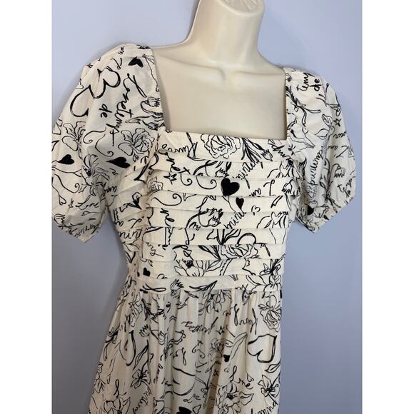 Japna Square Neck Puff Sleeve Midi Dress Black Cream Floral Women's M - Picture 7 of 15